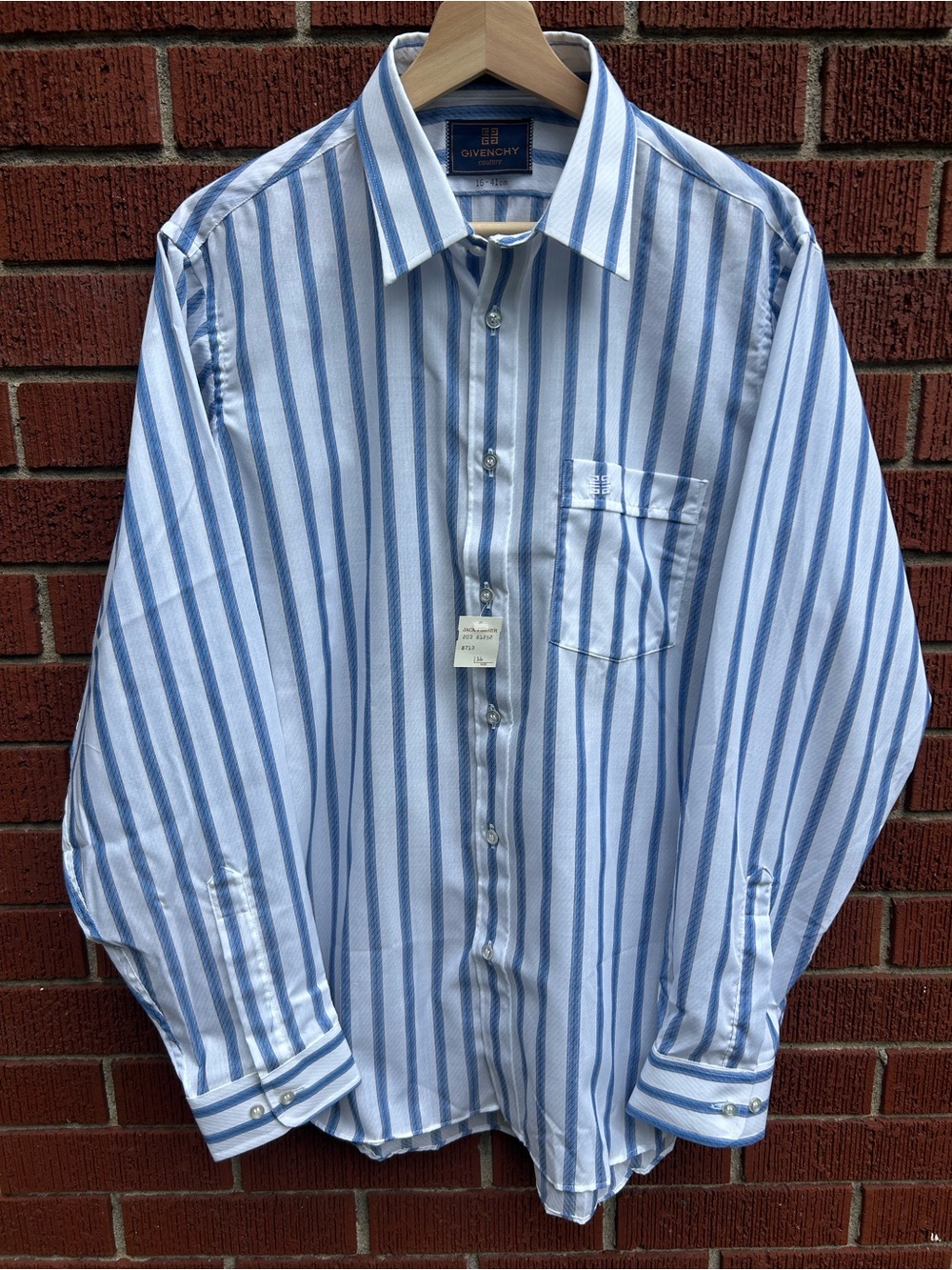 Vintage Givenchy Couture Men’s 16 41 Blue White Striped Button Up Dress Shirt